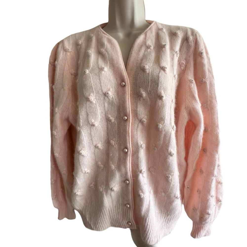 Adele Joyce ~ Wool Blend Pretty in Pink Women's Sweater ~Pearl detailing ~ sz Lg